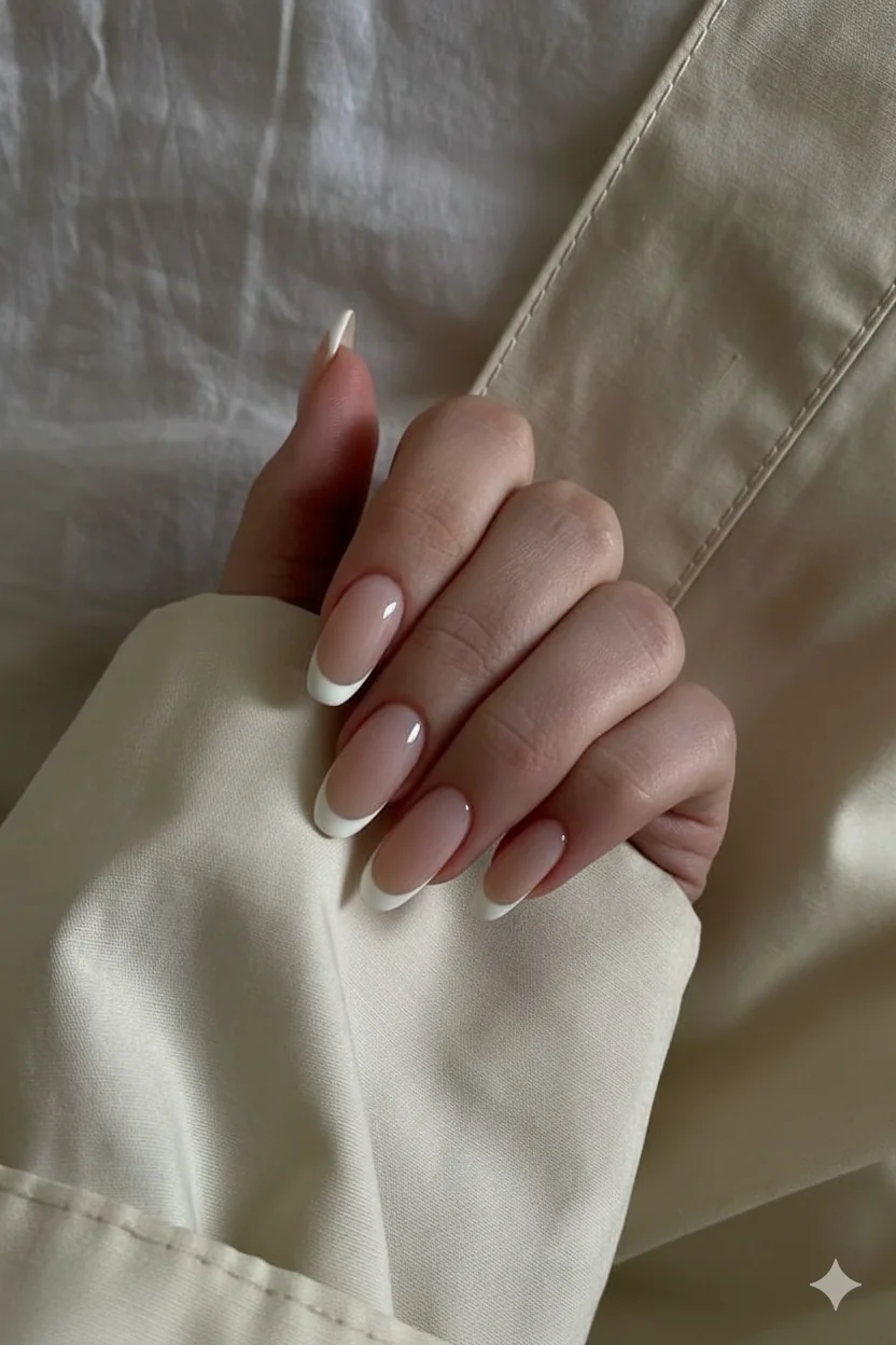 Micro French tip in ivory and champagne on short squoval nails showing whisper thin free edge line for elegant spring manicure result
