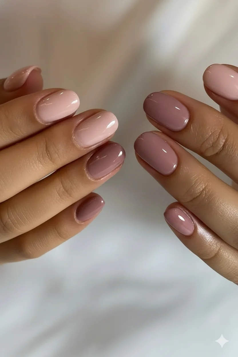 Milky nude sheer blush and dusty mauve colour palette swatches on short nail bed showing how each shade affects perceived nail length