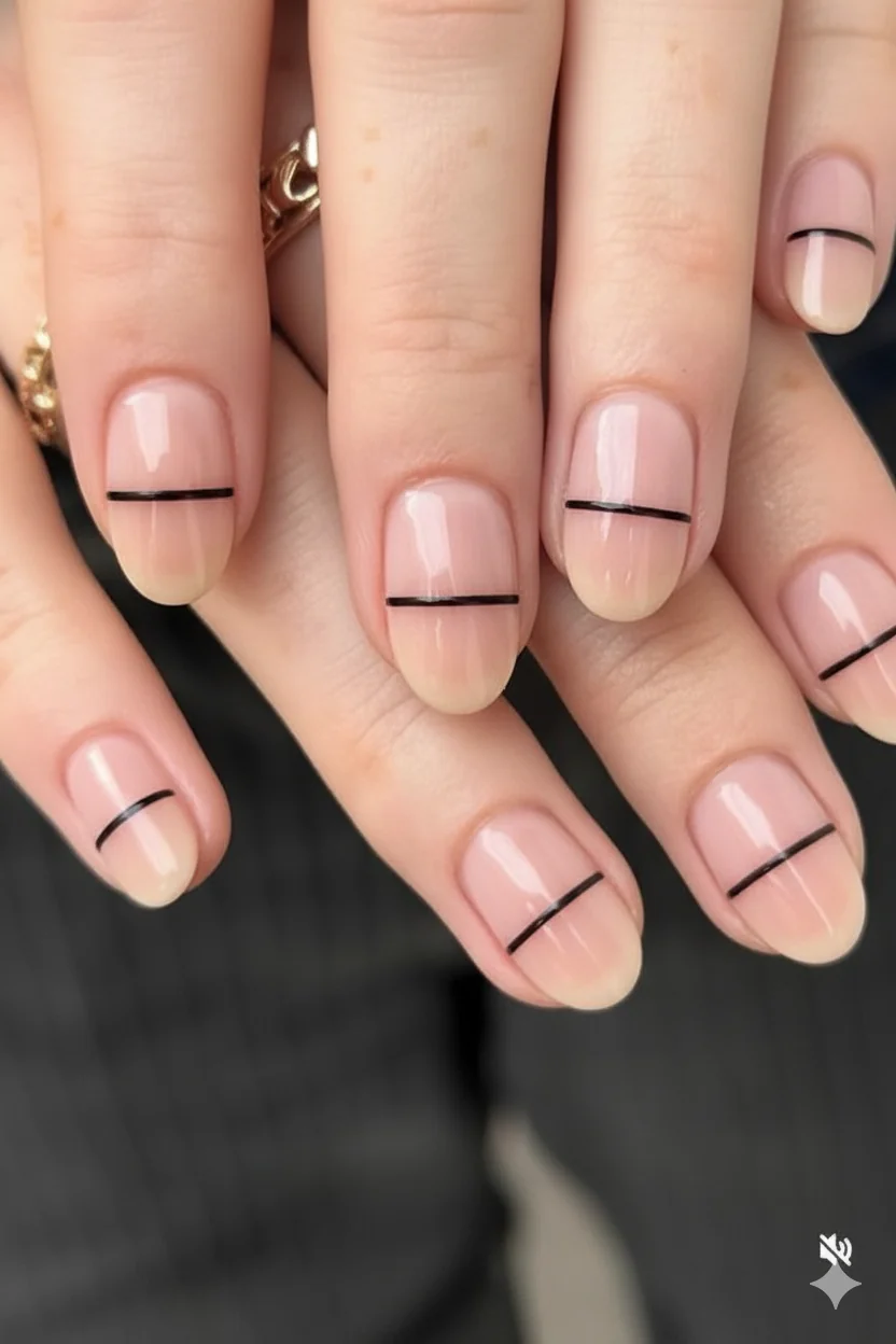 Negative space nail design on short natural nails with exposed bare nail sections and thin colour line creating minimalist elongated effect