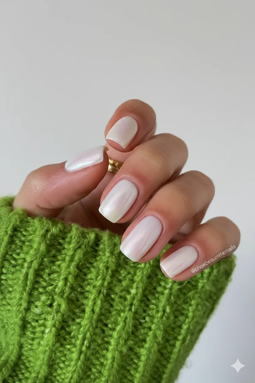 Pearl glaze iridescent milky finish on short oval nails reflecting light softly ideal for Mothers Day celebration and family photos