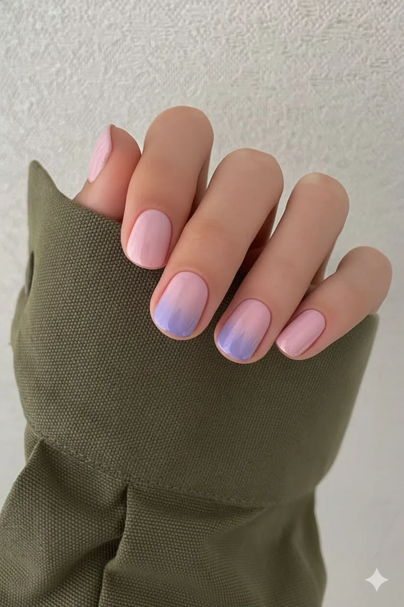 Soft pastel gradient ombre using sponge technique on short nails blending blush and lavender spring 2026 shades for Mothers Day