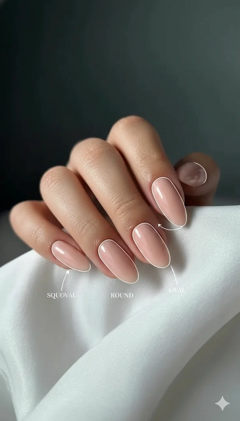 Squoval round and oval short nail shape comparison side by side on natural nails showing best spring 2026 silhouettes for Mothers Day