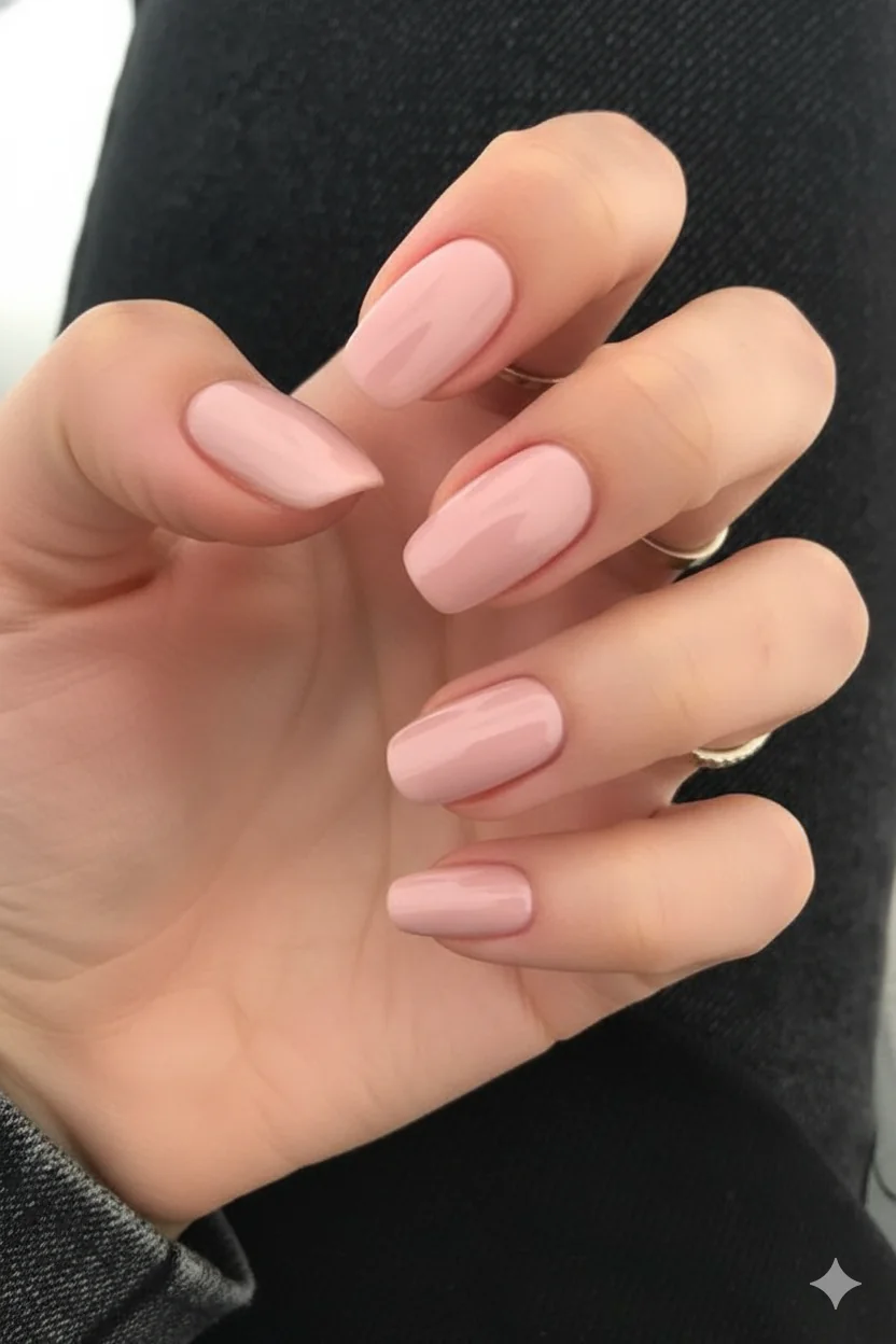 Squoval shaped short nail showing filed free edge with softened corners and clean natural nail bed for spring 2026 manicure preparation