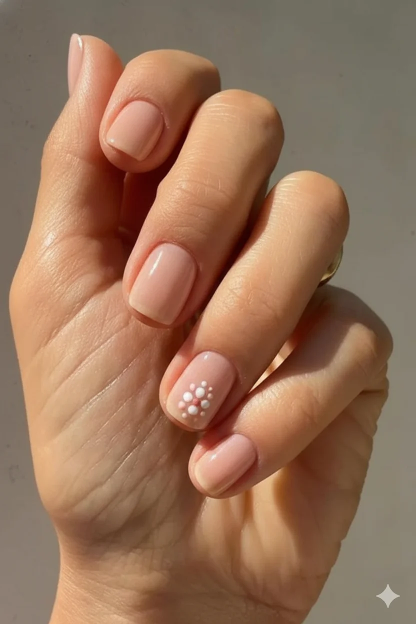 Tiny floral accent on ring finger of short nails using dot petal technique in white and blush on sheer nude base for spring celebration