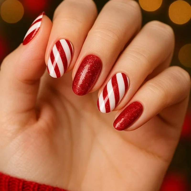 short square christmas nails with red and white candy cane stripes minimal design on natural length