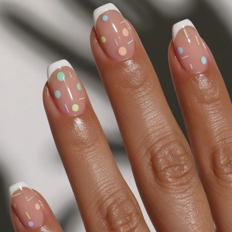 Micro French tips and minimalist pastel nail art on short squoval nails for summer showing clean wearable designs on short nail canvas