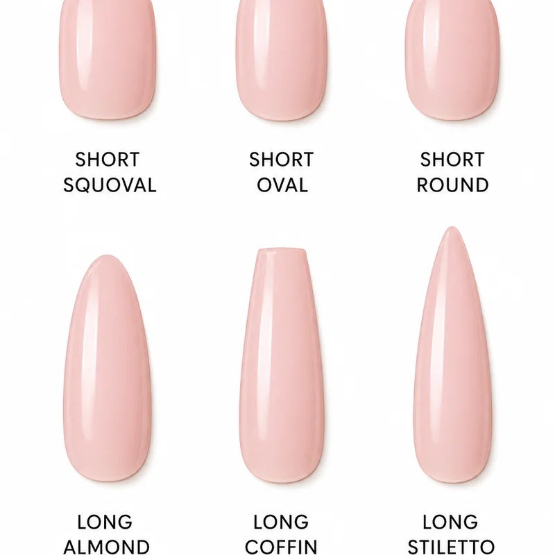 Nail shape comparison diagram showing short squoval oval round versus long almond coffin stiletto shapes for summer 2026 selection guide