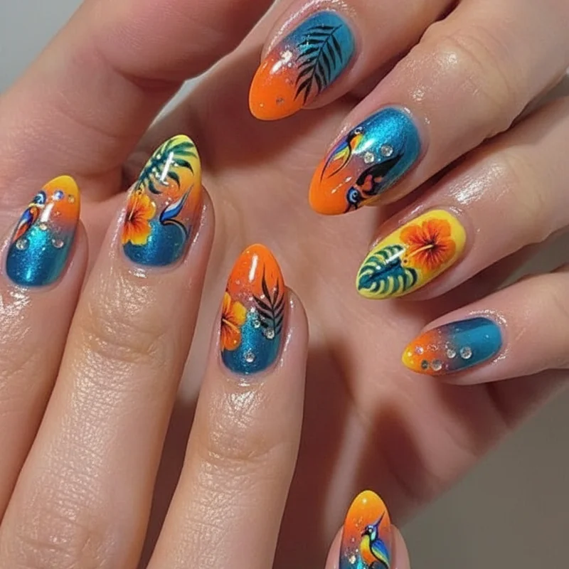 Ombre chrome and tropical floral nail art on long almond and coffin nails for summer showing detailed designs on extended nail canvas