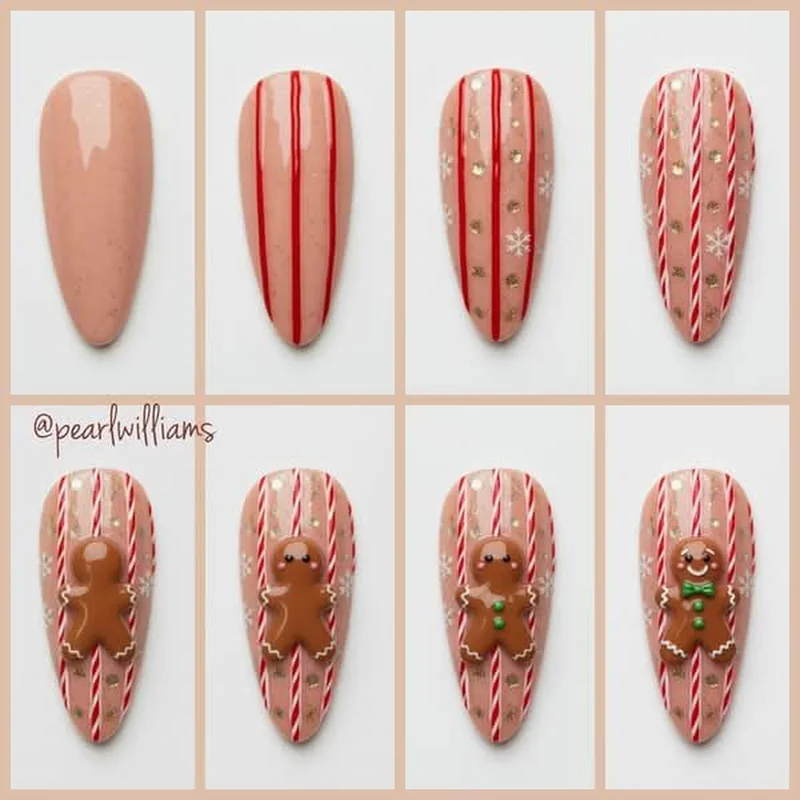 Simple gingerbread man nail art outline with brown shape and white icing dots