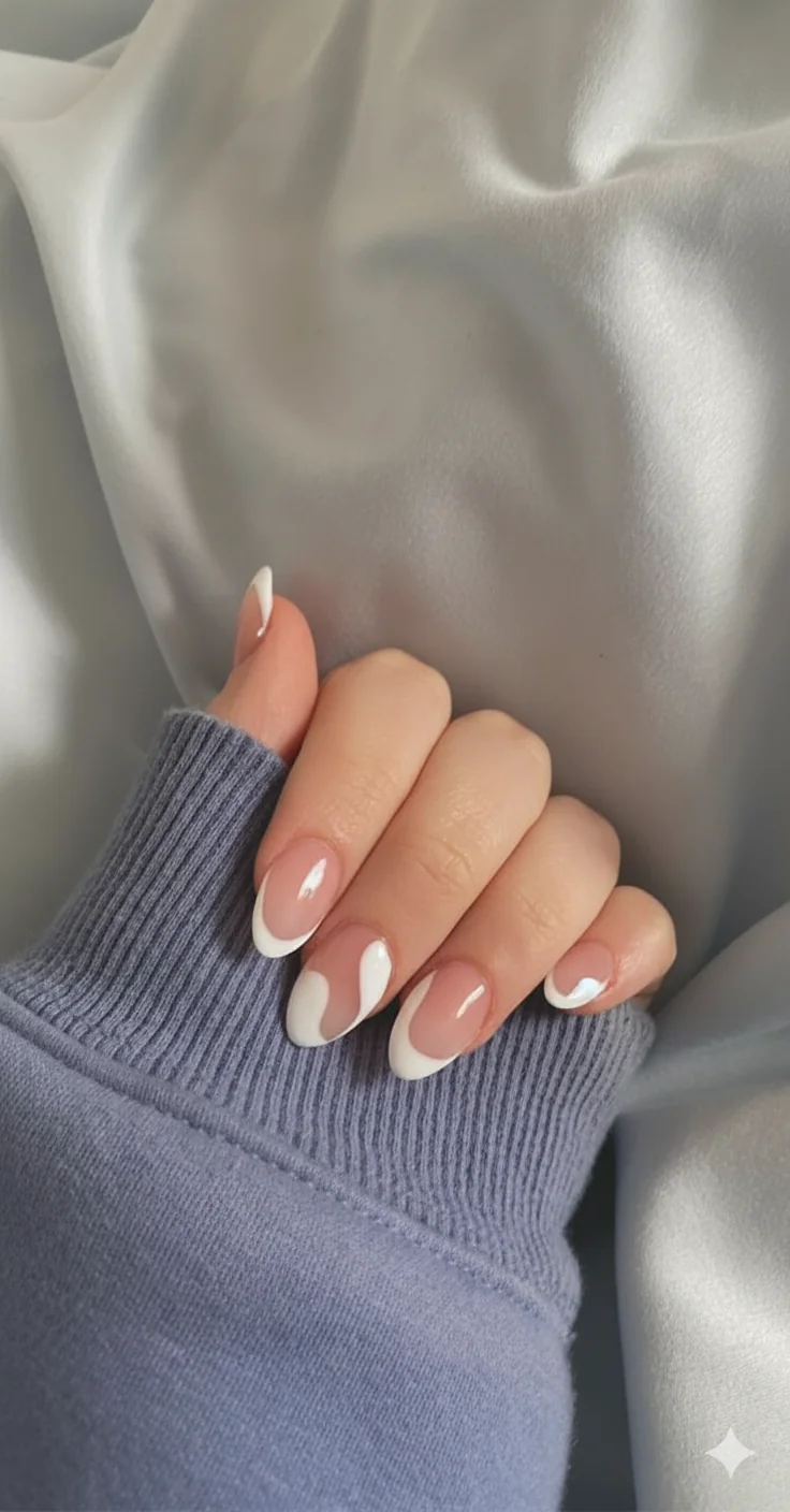 Micro French tip showing ultra thin white band on sheer nude base with blurred soft edge finish on soft square nail shape spring 2026