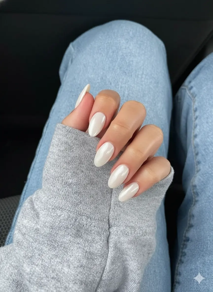 Milky white glazed donut nails with pearl chrome powder showing luminous lit-from-within spring light effect on almond nail shape