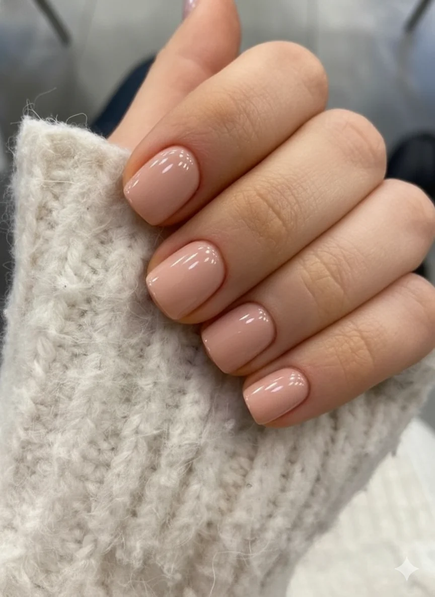 Minimal mothers day manicure final look showing clean glossy topcoat on soft square nails elegant spring finish simple and considered