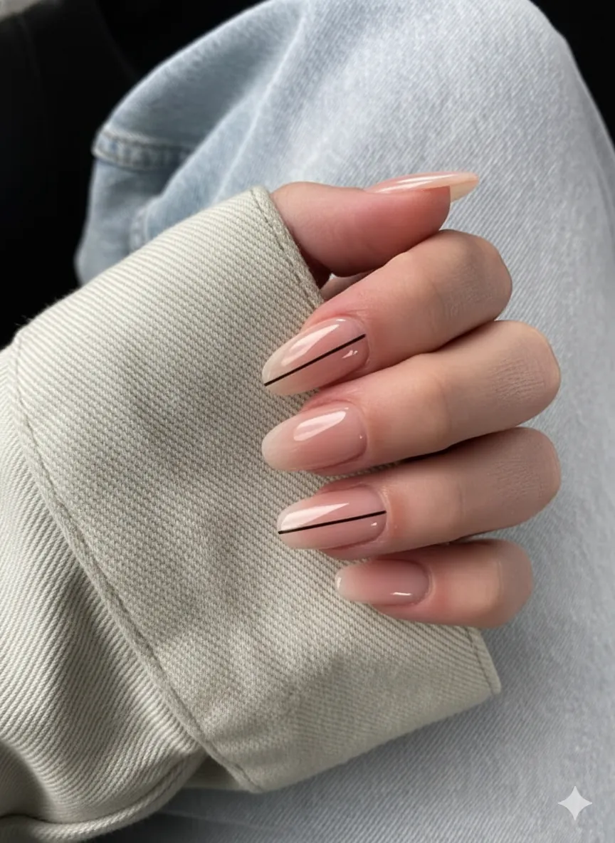 Negative space nail art with delicate single fine stripe line art on bare nail plate squoval shape minimal spring design editorial