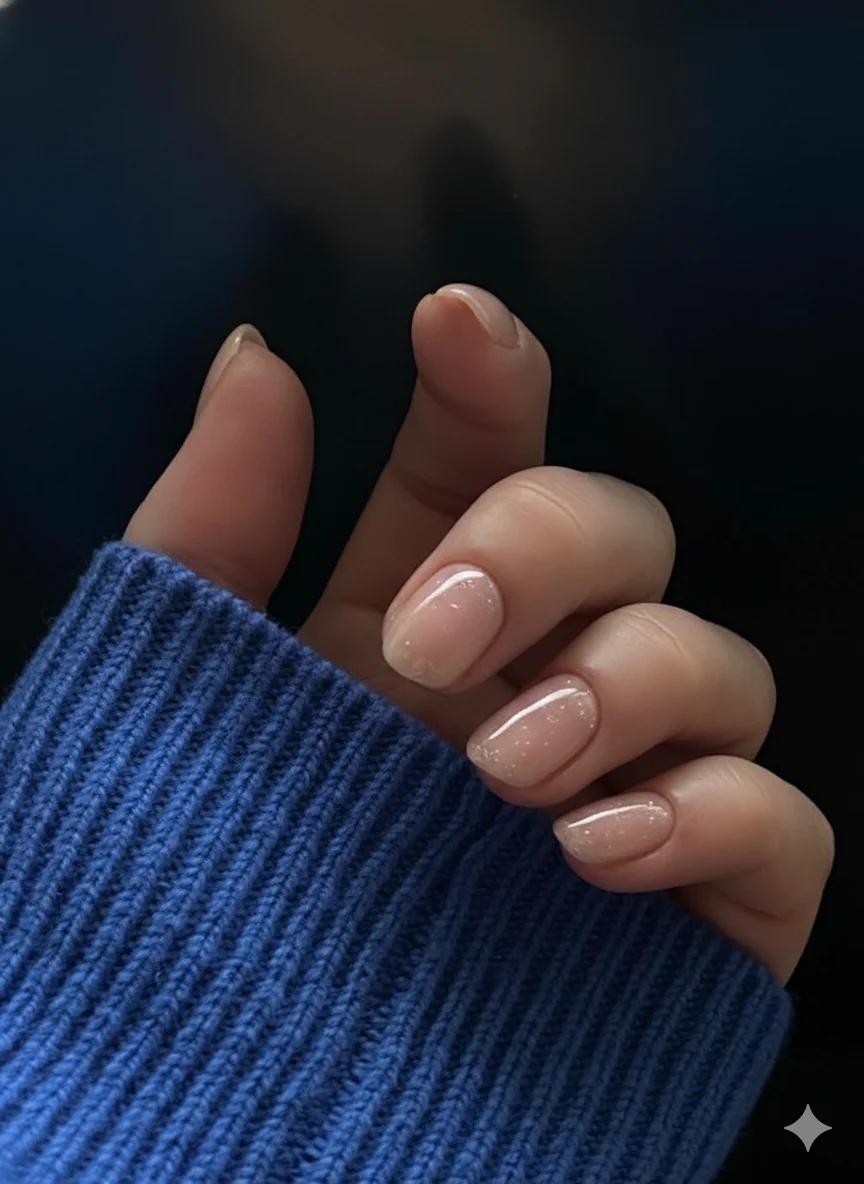 Soap nails translucent sheer finish showing natural nail plate with glossy veil coating and clean cuticle line on well-shaped oval nails