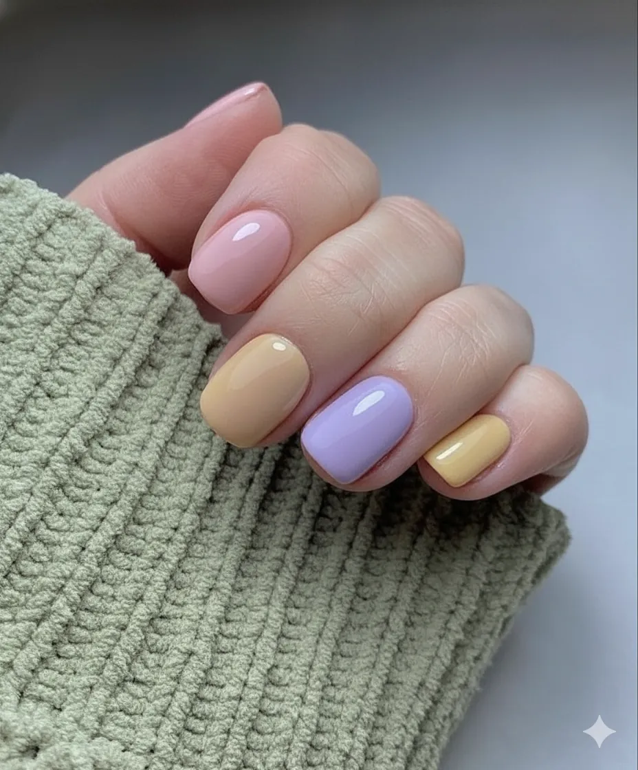 Spring 2026 minimal nail colour palette showing blush nude creamy lavender and butter yellow polish swatches across varied skin tones