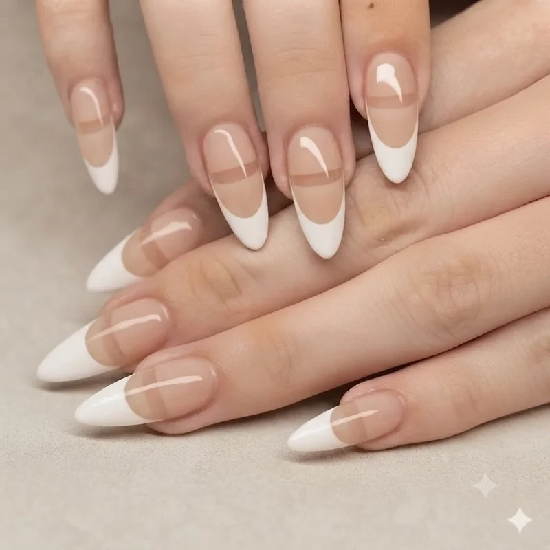 Negative space French tip nail design with a floating white tip and bare gap above sheer nude base