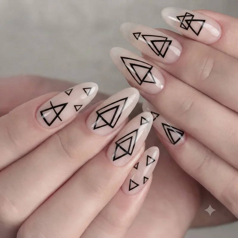 Geometric negative space nail art with black and white triangle cutout design and bare nail sections