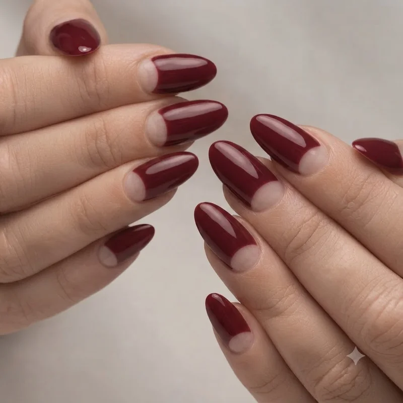 Half-moon negative space manicure with a burgundy polish and bare crescent at the cuticle for 2026