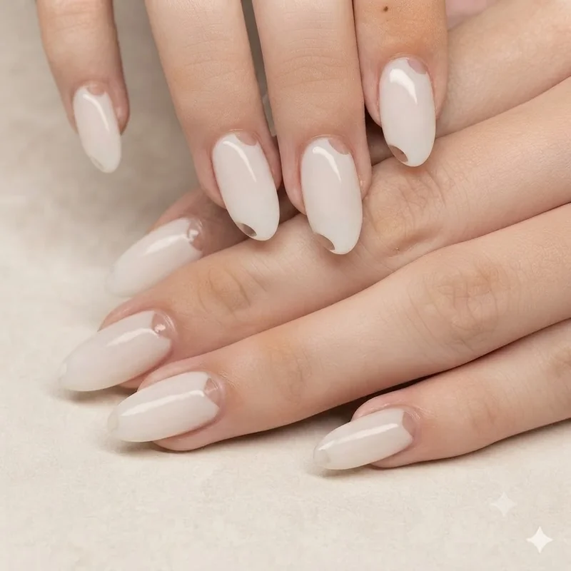 Short nail negative space design with a small corner cutout over a milky white polish base