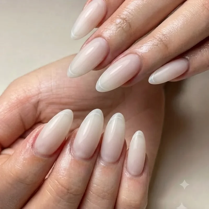 Milky white base with a barely there simple french tip design for an effortless look