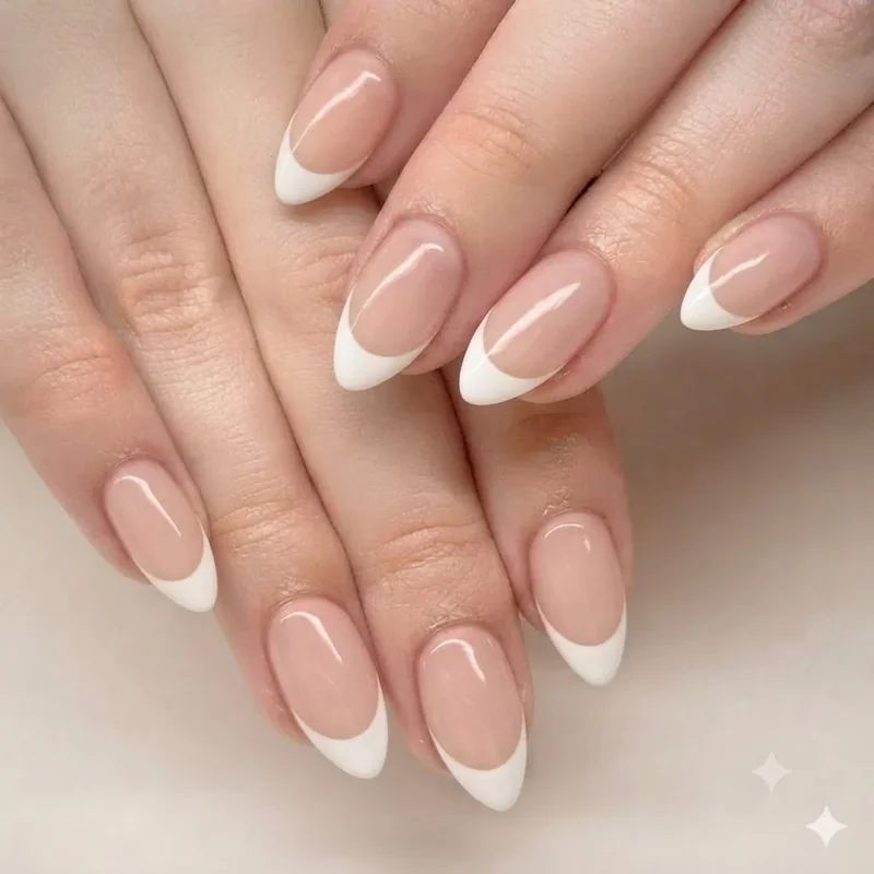 Beginner-safe French tip manicure with a clean white line achieved using a tape guide method