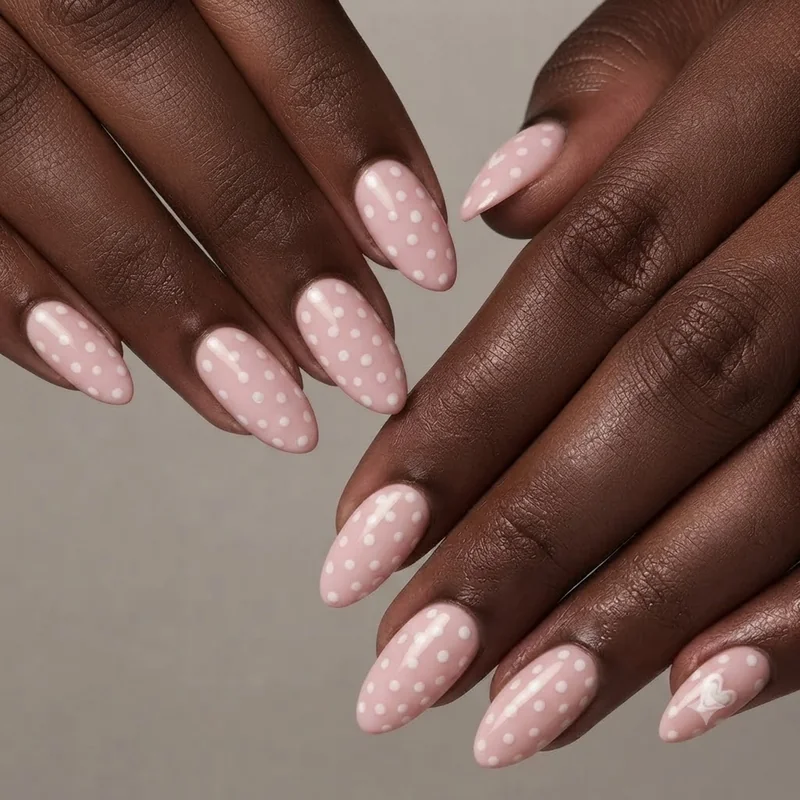 Finished one-tool manicure using a toothpick for polka dots and a simple heart design in coordinating colours