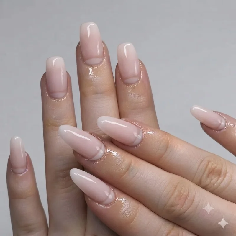 Italian manicure negative space technique in milky pink, one of the easy nail designs for short nails that elongates