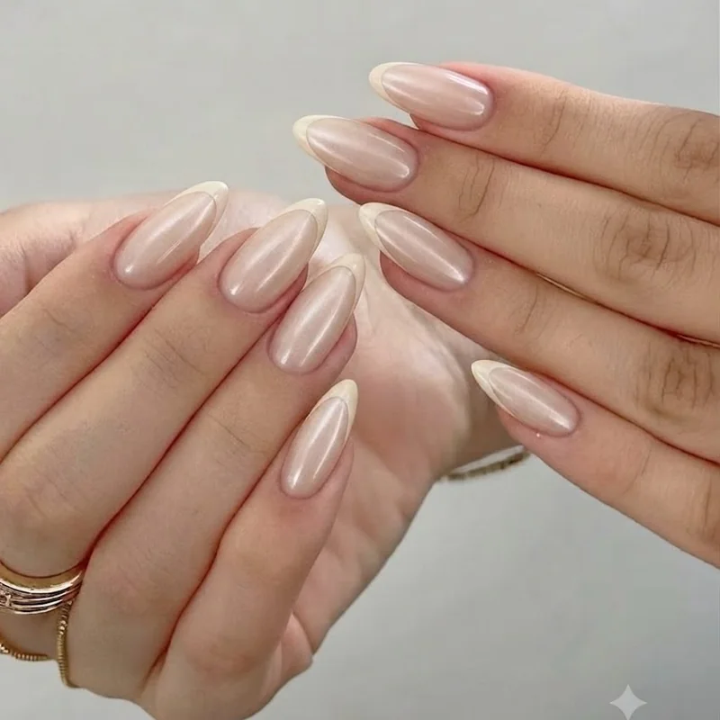 Minimalist glazed nude manicure with a precise micro French tip and a salon-level clean finish visible throughout the set