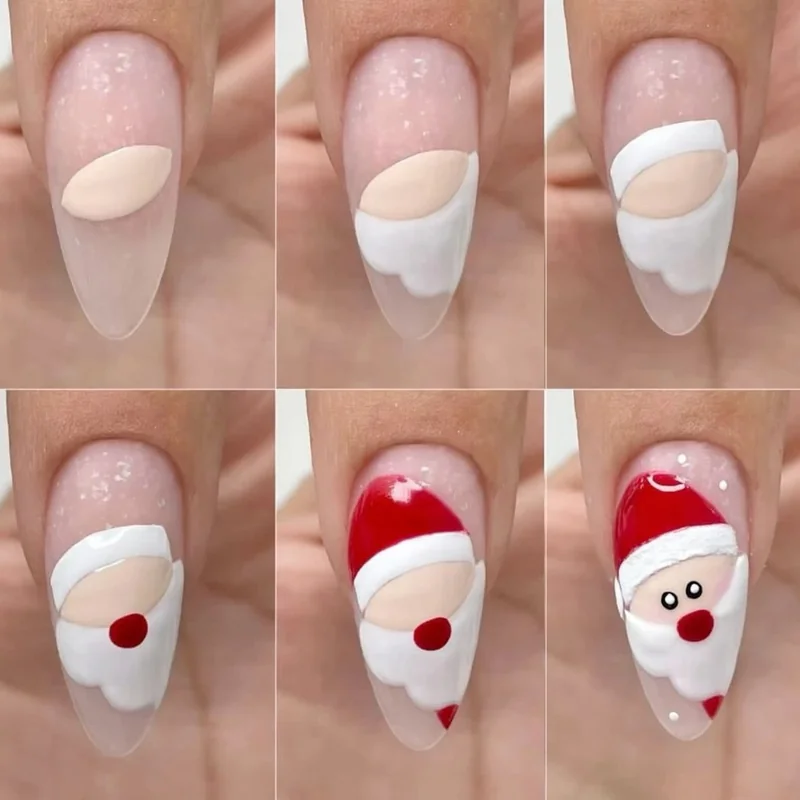 Simple Santa hat accent nail design tutorial for beginners with red triangle and white trim