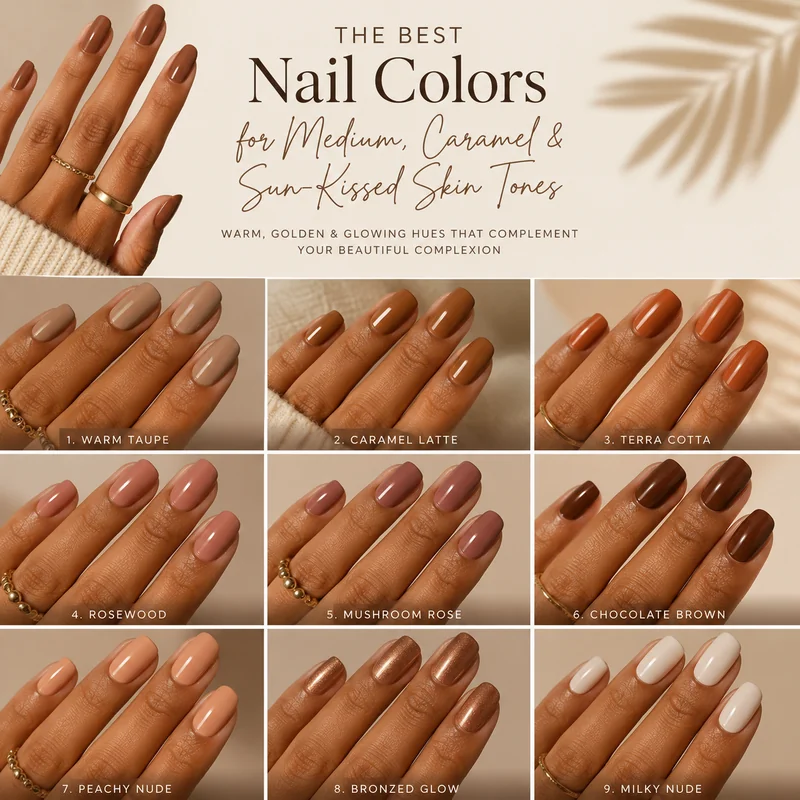 Nail colors for medium skin tone showing warm coral terracotta caramel nude shades glowing beautifully on sun-kissed skin