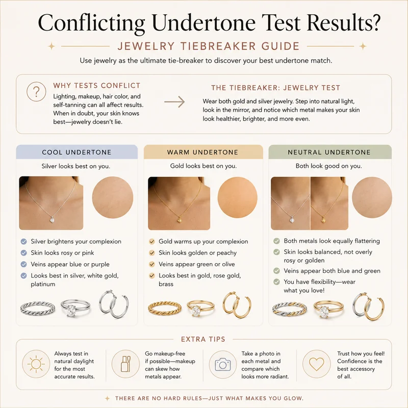 Conflicting skin undertone test results resolved with jewelry gold silver tiebreaker comparison guide on medium depth skin