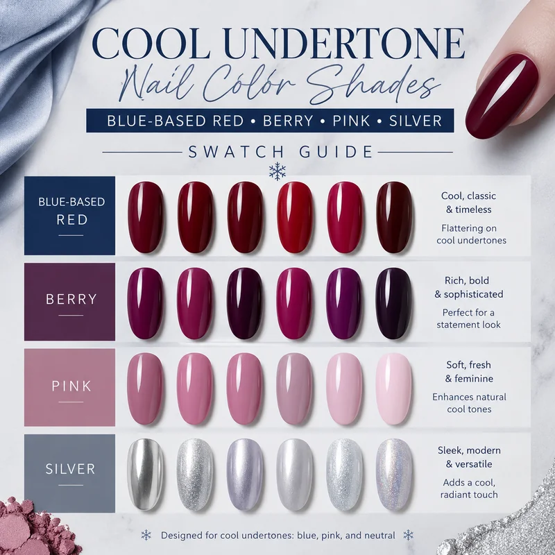 Cool undertone nail color shades including blue-based reds berry tones pink silver purple polish swatches on cool skin tone