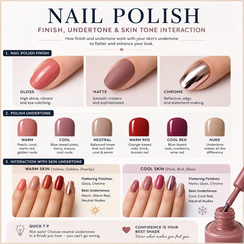 Nail polish finish comparison showing gloss matte chrome undertone interaction on cool and warm complexion nail swatches