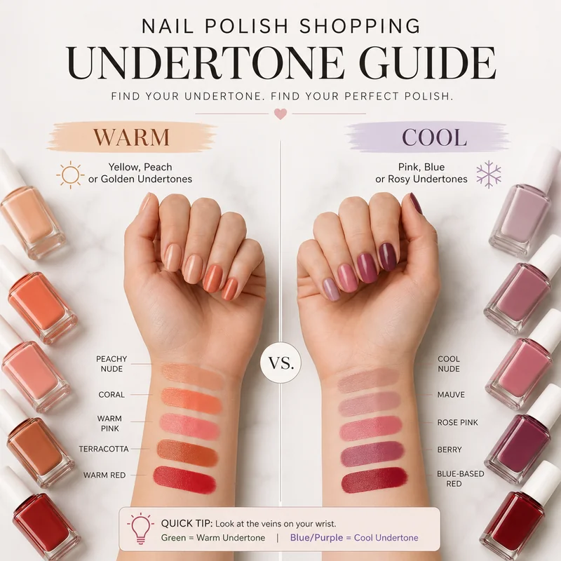 Nail polish shopping with undertone guide showing wrist swatch warm cool temperature differences for red and nude shade picks