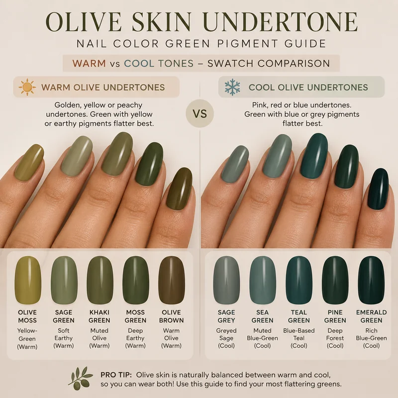 Olive skin undertone nail color guide showing green pigment with warm cool neutral shade comparisons on olive complexion