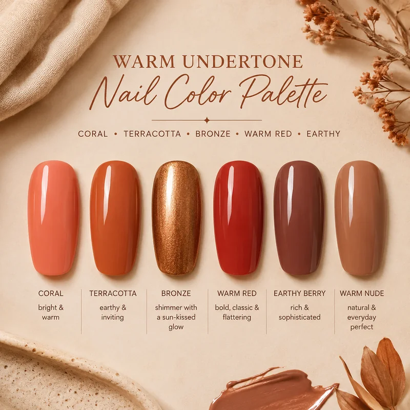 Warm undertone nail color palette with coral terracotta bronze warm red earthy nudes golden metallic polish swatch examples