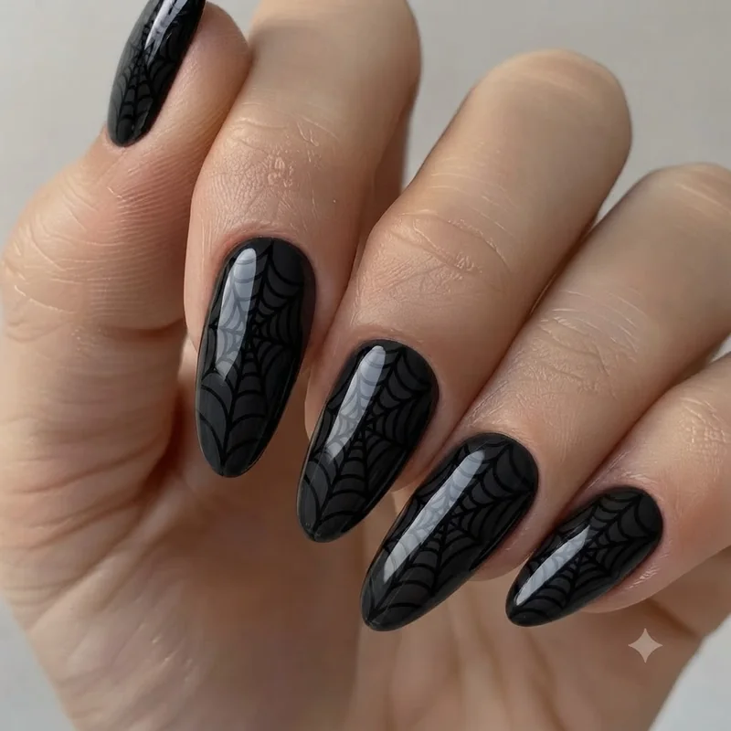 Negative space spider web nails French tip design on sheer nude base