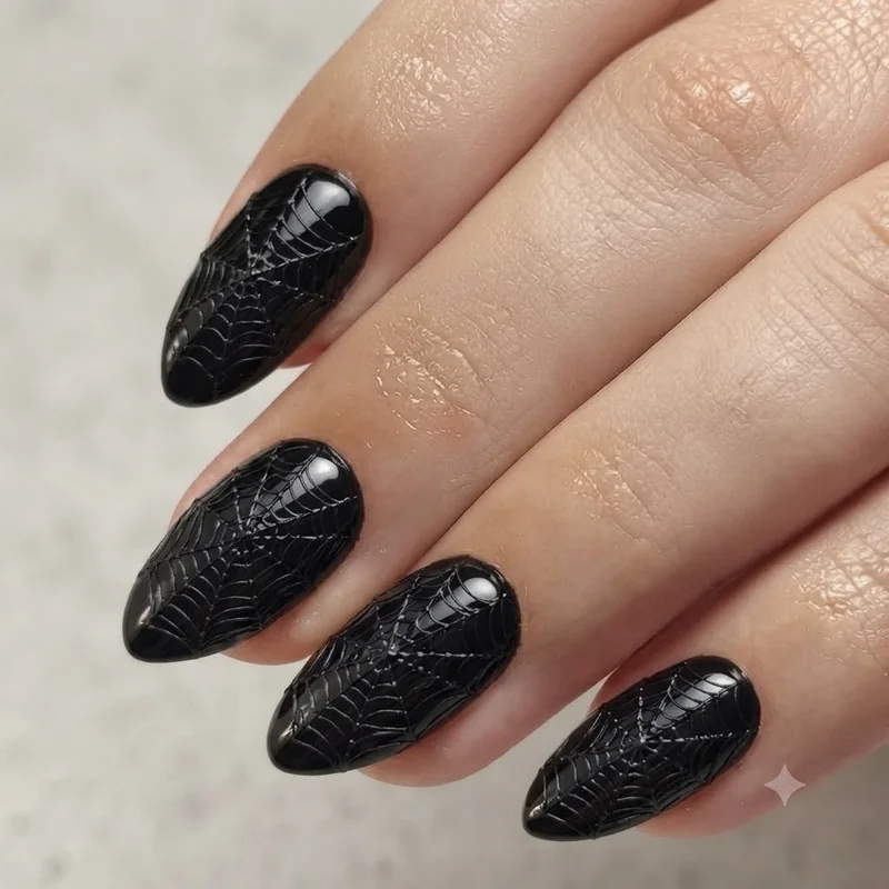 Spider nail designs Halloween in non-traditional purple pink green colors
