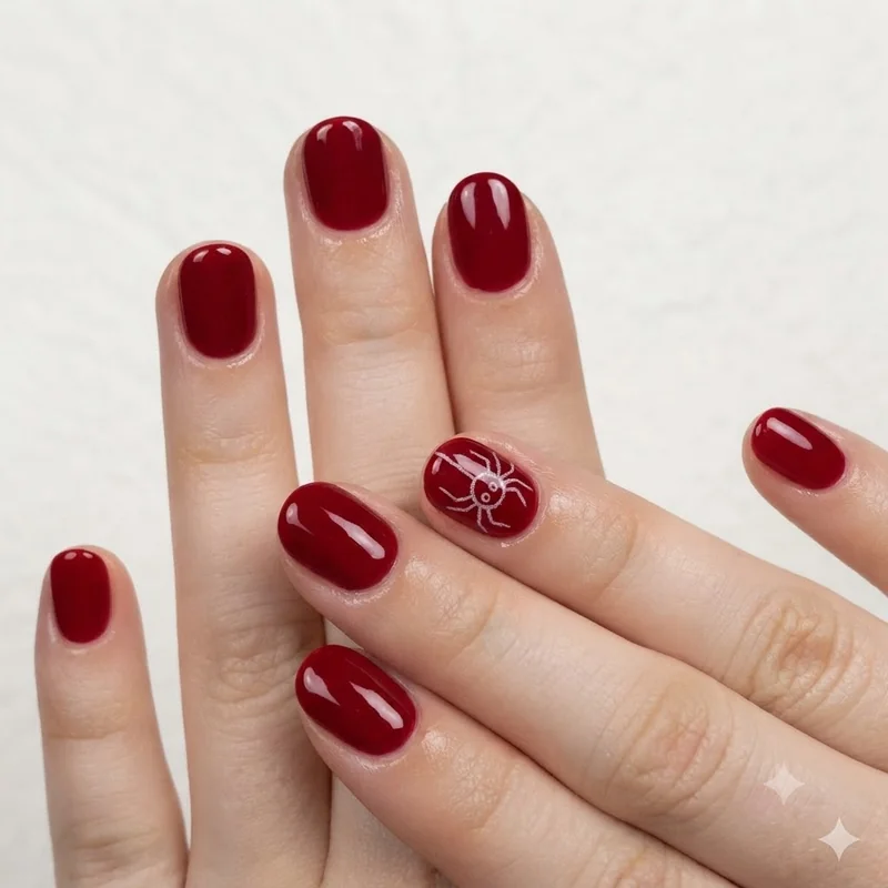 Kid friendly Spider-Man nails in a short rounded shape, painted red with a simple hand drawn spider motif design added on