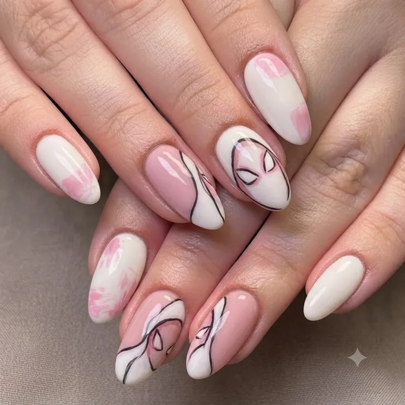 Spider-Gwen inspired Spider-Man nail set in white, pink and black featuring soft hood silhouette line detail on almond nails