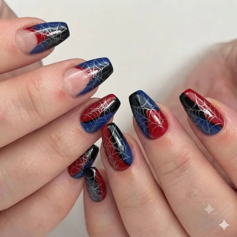 Coffin shape Spider-Man nail design shown in colour blocked style, showing how longer nails carry bold graphic web patterns