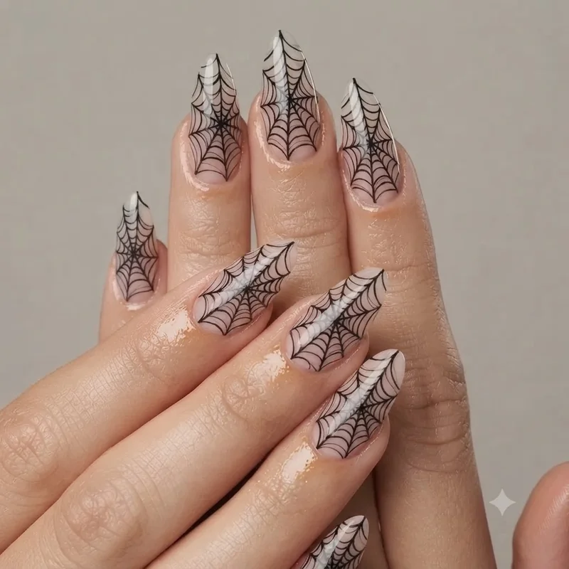 Spider-Man Noir black and white acrylic nail set featuring crisp monochrome web line pattern with a glossy top coat finish