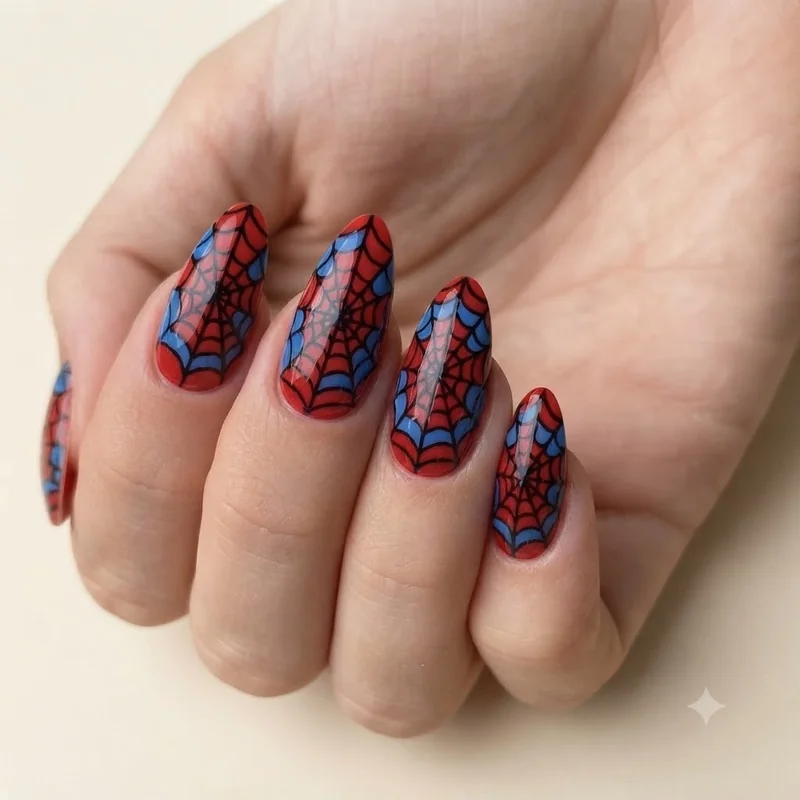 Press-on Spider-Man nail set flat lay showing a red and blue web pattern design, ready for quick at home application today