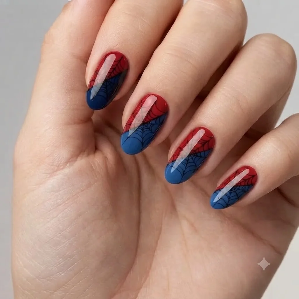 Spider-Man nails in classic red and blue with hand-painted black web detailing