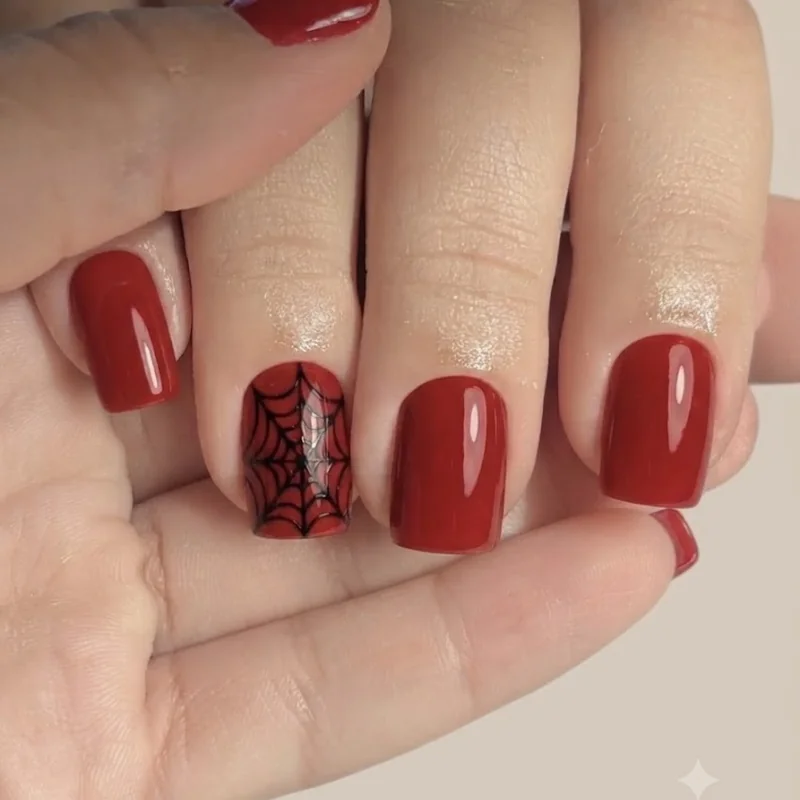 Spider-Man nails short square set featuring a single black webbed accent finger beside plain glossy red polish on the rest