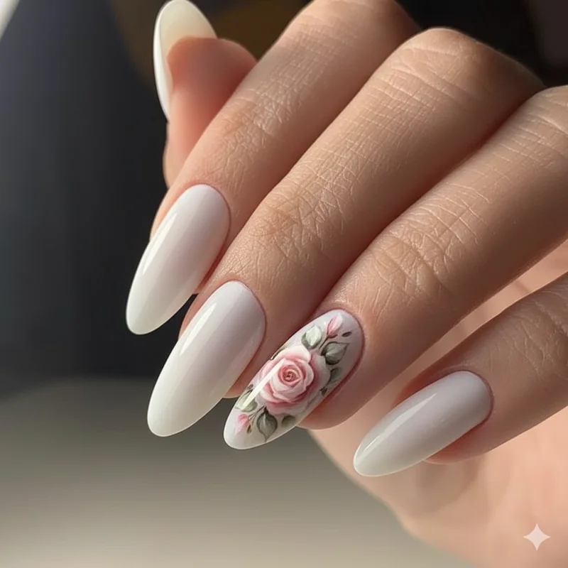 3D flower nail side profile showing builder gel petal layering technique and raised bloom height above nail surface on long almond nail shape