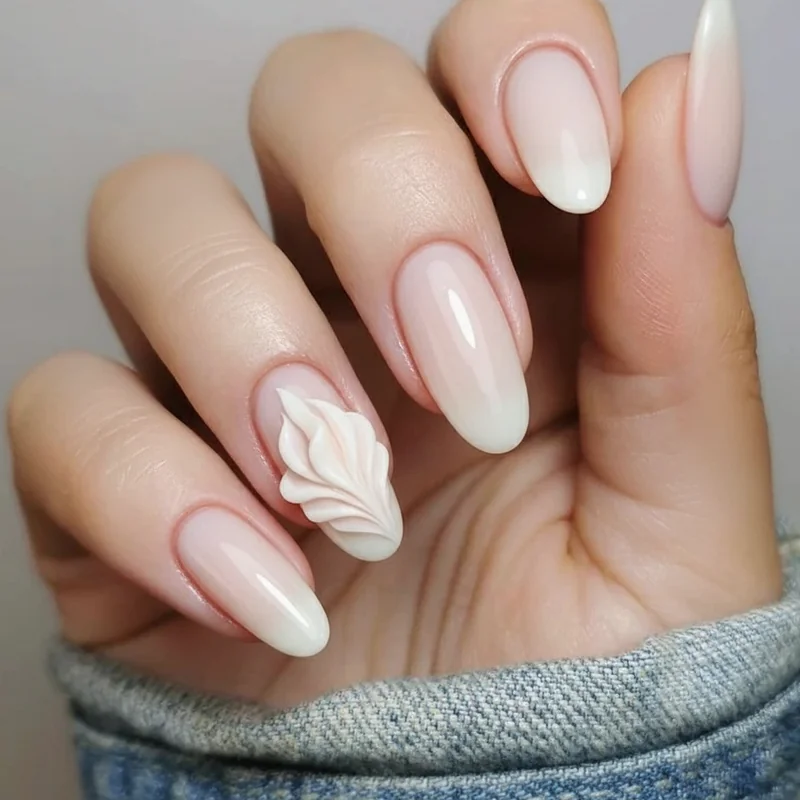 3D sculpted rose nail on almond coffin shape showing layered builder gel peony bloom on nude blush base with glazed high-gloss topcoat finish