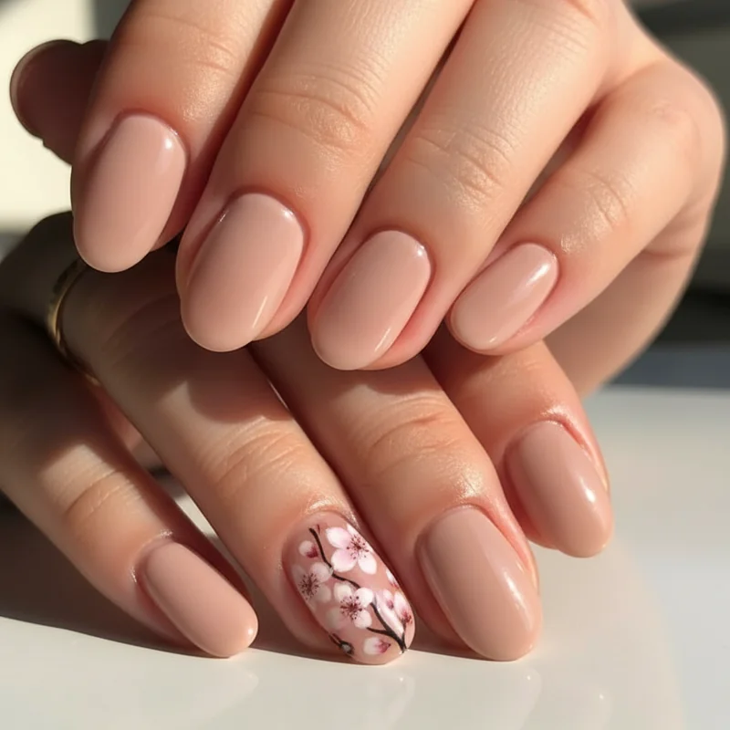 Cherry blossom nails 2026 on almond shape showing soft pink and white petals on milky nude base with rhinestone centre detail and glazed topcoat