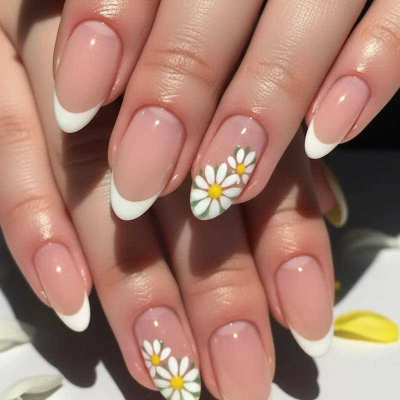 Daisy French tip nails close-up showing sage green tip with white micro daisy details and rhinestone centre on short oval natural nail