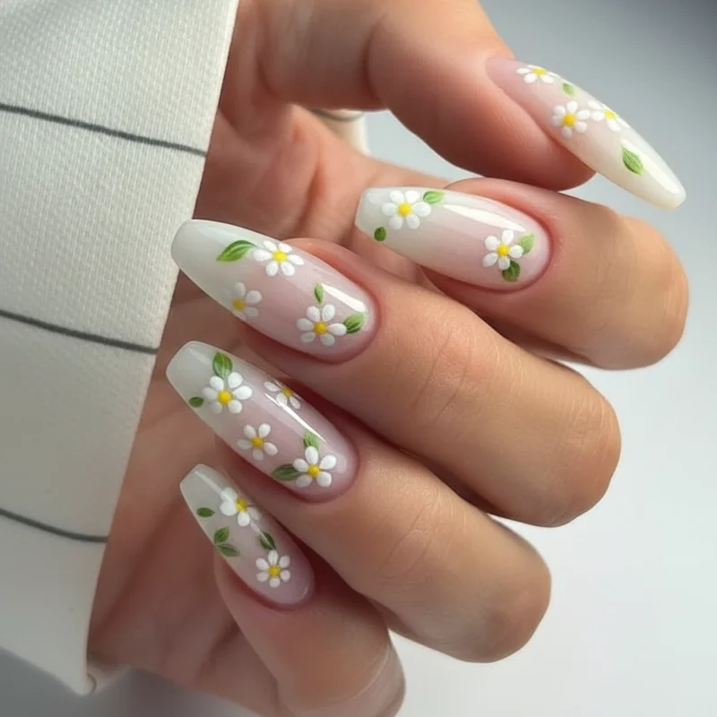 Nail shape guide for floral art comparing almond oval coffin and squoval shapes side by side with spring floral nail designs on each